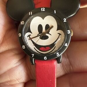 *Working* Lorus Mickey Mouse Figural Head Disney Comic Character Watch Red Band